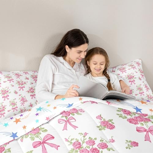 jejeloiu Bowknot Comforter Set Toddler Size Rose Bedding Set for Kids Boys Girls Pink Bow Duvet Quilt Rose Floral Flower Bedroom Decor Microfiber 2 Pcs with 1 Pillow Cases