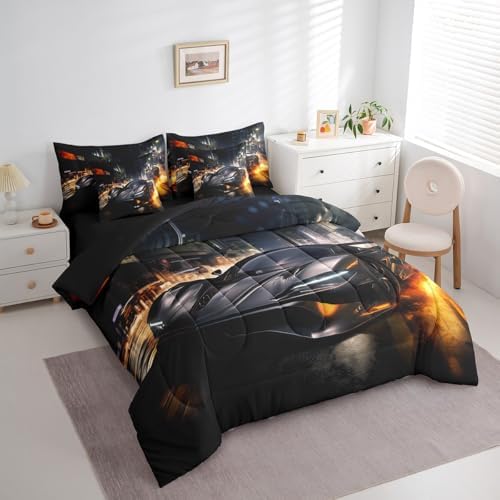 Erosebridal Black Race Car Bedding Set Full,3D Sports Car Comforter Set,Fire Racing Car(Comforter+Fitted+Flat Sheet+2 Pillowcases+2 Throw Pillow Covers) 7 Pieces Bed Set for Boys Teens Youth