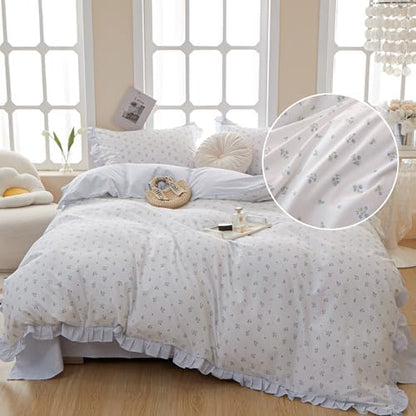 LifeTB Blue Floral Comforter Set Boho Ruffle Comforter Set Queen Vintage Garden Floral Bedding Comforter Soft Fluffy Lightweight Bedding Set Girls Cute Flowers Botanical Comforter with 2 Pillowcases