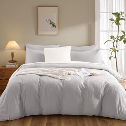 NEXHOME PRO Duvet Cover King Size,100% Washed Cotton Linen Feel Textured Organic Natural Duvet Cover 2 Pieces Bedding Set with Zipper Closure, Breathable Light Grey (No Comforter)