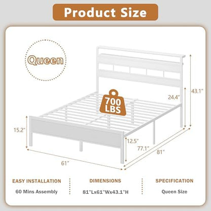 Furnulem Queen Bed Frame White,Storage Headboard,Charging Station & RGB LED