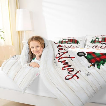 Christmas Camper Comforter Set Queen,Rustic Farmhouse RV Bedding Set for Kids Teens Adults Room Decor,Colorful Xmas Camping Car Quilt Set Cartoon Outdoor Traveling Duvet Insert,2 Pillowcases
