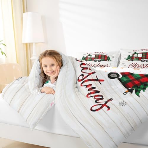 Christmas Camper Comforter Set Full,Rustic Farmhouse Bedding Set for Kids Girls Adults Room Decor,Colorful Xmas Camping Car Quilt Set Cartoon Outdoor RV Traveling Duvet Insert,2 Pillowcases