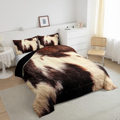 Cowhide Bedding Set King,Brown Beige White Cow Print Comforter Set Western Farm Animal Fur Down Comforter for Kids Teens Men Women Rustic Cowboy Cowhide Quilt Duvet Set 2 Pillow Cases Bedroom Decor