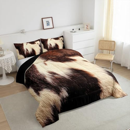 Cowhide Bedding Set King,Brown Beige White Cow Print Comforter Set Western Farm Animal Fur Down Comforter for Kids Teens Men Women Rustic Cowboy Cowhide Quilt Duvet Set 2 Pillow Cases Bedroom Decor