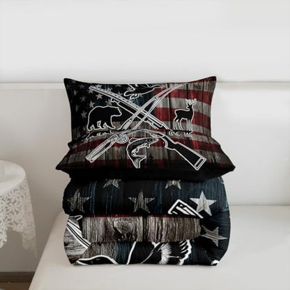Homewish Retro American Flag Comforter Set King Size,Hunting and Fishing Bedding Set,Duck Deer Bear Bass Fish Wild Animals Theme Quilt Set for Kids Boys Men Teens Room Decor,Rustic Duvet Insert 3Pcs