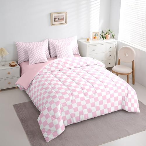 jejeloiu Pink and White Bedding Set 7Pcs King Size Kids Plaid Checkered Comforter Set with Sheets for Boys Girls Classic Grid Buffalo Check Bed in a Bag Soft Lightweight,Microfiber