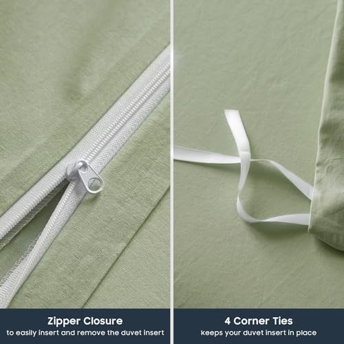 Wake In Cloud - Cotton Duvet Cover Set, 100% Washed Cotton, Linen Like Textured, Breathable Durable Comfy Farmhouse Neutral Bedding Set, 3 Pieces, Sage Green, Queen Size