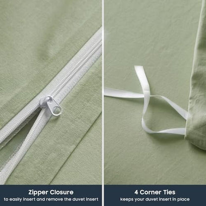 Wake In Cloud - Cotton Duvet Cover Set, 100% Washed Cotton, Linen Like Textured, Breathable Durable Comfy Farmhouse Neutral Bedding Set, 3 Pieces, Sage Green, Queen Size