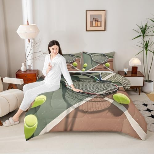 Castle Fairy 3D Tennis Racket Bedding Set Twin Size Cool Modern Ball Games Comforter Set for Girls Boys Room Decor Tennis Sports Lover Down Comforter Outdoor Activities Quilt Set with 1 Pillowcase