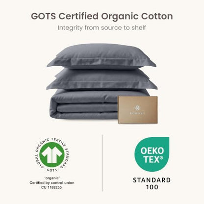 BIOWEAVES 100% Organic Cotton Twin/Twin XL Duvet Cover Set, 2-Piece, 300 Thread Count Sateen Weave GOTS Certified Comforter Cover with Buttoned Closure and 1 Pillow Sham – Gray, 66x90 inches