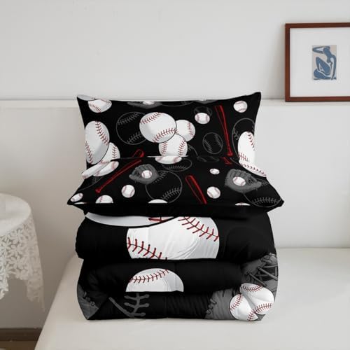 Castle Fairy Black White Baseball King Size Comforter Set,Kids Bat and Gloves Decor All Season Bedding Set,Teens Ball Games Comforter,Baseball Sketches Decor Quilt Set Bedroom Collection 3Pcs