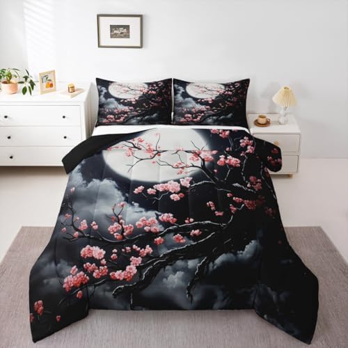 Pink Sakura Kids Comforter Set Twin Size,Cherry Blossom Moonlight Cloud Moon Bedding Set,Girls Boys Room Decor,Ukiyoe Japanese Romantic Quilt Comforter,Vintage Chic Duvet Insert,1 Pillowcase