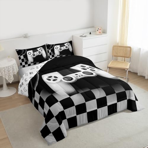 Erosebridal Gamer Comforter Set King,Gaming Bedding Set for Kids Teens,Black and Grey Buffalo Plaid Reversible Duvet Insert,Novelty Gamepad Pattern Down Comforter with 2 Pillow Shams Lightweight