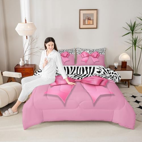 jejeloiu Pink Bow Comforter Set King Size Zebra Stripes Bedding Set for Kids Boys Girls Girls Bow Duvet Quilt Bedroom Decor Microfiber 3 Pcs with 2 Pillow Cases