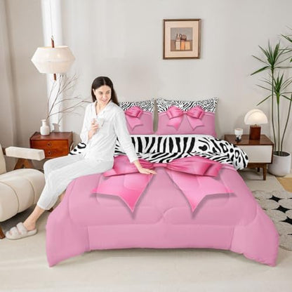 jejeloiu Pink Bow Comforter Set King Size Zebra Stripes Bedding Set for Kids Boys Girls Girls Bow Duvet Quilt Bedroom Decor Microfiber 3 Pcs with 2 Pillow Cases