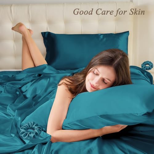 Vielit Standard Satin Pillowcase for Hair 2pc,Similar to Silk Pillow Cases, for Women Men,Teal,20x26 & Envelope Closure and 2 Satin Scrunchies