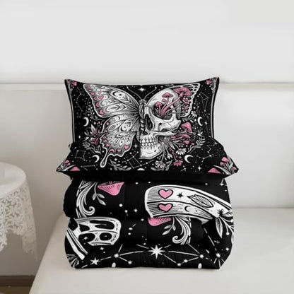 Butterfly Skull Full Size Comforter Set,Pink Wild Mushroom Skeleton Bedding Comforters Bedroom Collection,Starry Galaxy Moon Duvet Insert,Vintage Gothic Room Decor 3 Pcs Bedding Set for Girls Teens