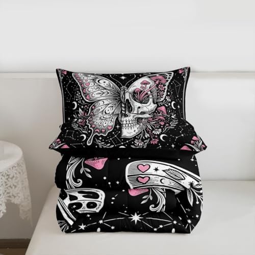 Butterfly Skull Comforter Set Queen Size,Pink Wild Mushroom Skeleton Duvet Insert Adults Bedroom Decor,Starry Galaxy Moon Bedding Set,Vintage Gothic Style Ultra Soft Microfiber Inner Fill 3Pcs Bedding