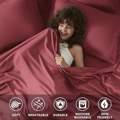 Twin Sheets Set - 4 Piece Soft Microfiber and Wrinkle Free Sheets - Easy Care, Extra Soft, Cooling Sheets - 1 Deep Pocket Fitted Sheet 1 Flat Sheet and 2 Pillowcases (Twin Burgundy)
