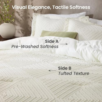 JOLLYVOGUE Queen Comforter Set, Boho Tufted 3-Piece Bedding Set, Ivory
