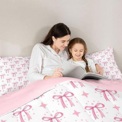 jejeloiu Bowknot Comforter Set King Size Pink Bow Bedding Set for Kids Boys Girls Princess Decor Duvet Quilt Bow Tie Bedroom Decor Microfiber 3 Pcs with 2 Pillow Cases