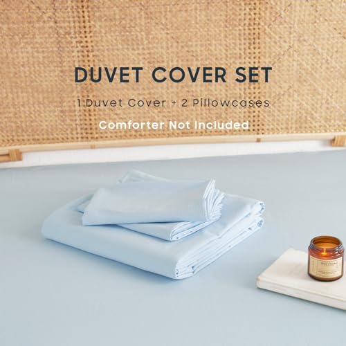 Wake In Cloud - Cotton Duvet Cover Set, 100% Washed Cotton, Linen Like Textured, Breathable Durable Comfy Farmhouse Neutral Bedding Set, 3 Pieces, Sky Blue, Queen Size