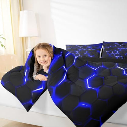 Erosebridal Honeycomb Comforter Set Neon Light Geometric Bedding Set Full for Kids Boys Teens,Hexagonal Bedding Comforter Sets Soft Microfiber Quilt Set 2 Pillow Cases Blue Black Room Decor