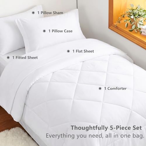 CozyLux Twin XL Comforter Set 68"x88" White - 5 Piece Bed in a Bag