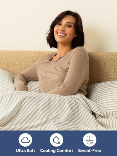 Extra Deep Cal King Sheet Set - 4 Piece Cooling Bed Sheets - Beige Stripes