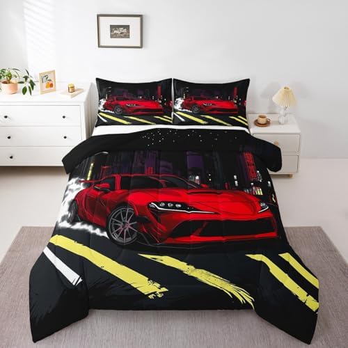 Erosebridal Kids Sports Car Comforter Set Twin Speed Race Car Boys Bedding Set Automobile Extreme Sport Down Comforter Racing Sports Quilt Racing Car Duvet Insert 2Pcs Bedding Decor