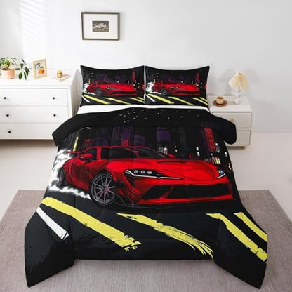 Erosebridal Kids Sports Car Comforter Set Twin Speed Race Car Boys Bedding Set Automobile Extreme Sport Down Comforter Racing Sports Quilt Racing Car Duvet Insert 2Pcs Bedding Decor