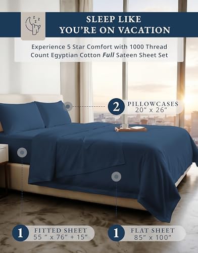 LANE LINEN Full Size Sheet Sets 100% Egyptian Cotton Sateen - Estate Blue