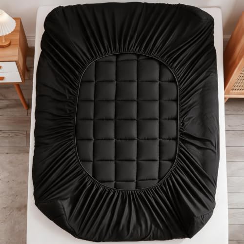Mattress Pad Cover with Stretches to 18” Deep Pocket Fits Up to 8”-21” Cooling Bed Topper,Soft and Breathable Mattress Protector Cover (Black, Twin)