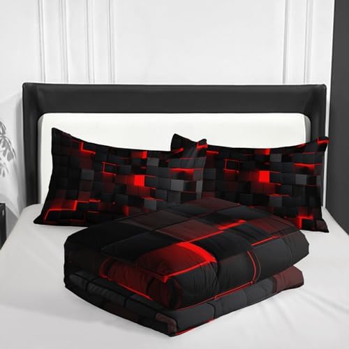 Geometric Red Black Comforter Set,Light Honeycomb 3 Piece Bedding Set King Size for Teen Boys,Modern Bedding Quilt Set Geometry Decor,Microfiber Lightweight 1 Comforter 2 Pillowcases All Season