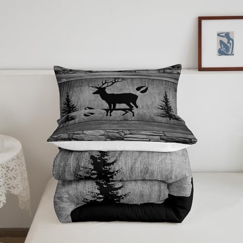 Manfei Rustic Deer Comforter Set Twin Size, Black Trees Deer Paw Print Bedding Set 2pcs for Kids Boys Teens Room Decor, Grey Wooden Plank Down Comforter Wild Animal Quilt Set with 1 Pillowcase