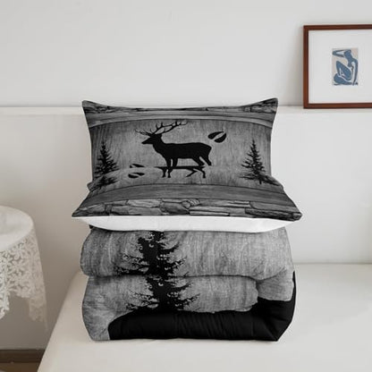Manfei Rustic Deer Comforter Set Twin Size, Black Trees Deer Paw Print Bedding Set 2pcs for Kids Boys Teens Room Decor, Grey Wooden Plank Down Comforter Wild Animal Quilt Set with 1 Pillowcase