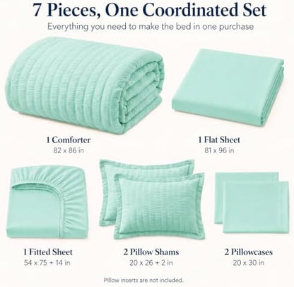 CozyLux Full Size Comforter Set 7 Pieces Mint Green Seersucker Bed in a Bag