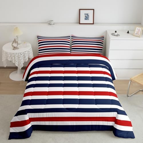 Homewish Geometric Stripes Comforter Set King Size,Abstract Art Bedding Sets 3Pcs for Kids Girls Boys Women Room Decor,Navy Blue and Red Quilted Duvet Modern Simple Down Comforter,2 Pillowcases