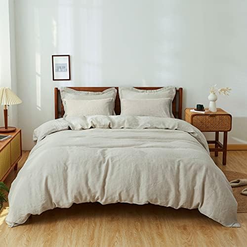 Simple&Opulence 100% Washed Linen Duvet Cover Set 5pcs(1 Duvet Cover& 2 Shams& 2 Pillowcases) Basic Style Natural French Flax Soft Breathable Farmhouse Bedding (Queen, Linen)