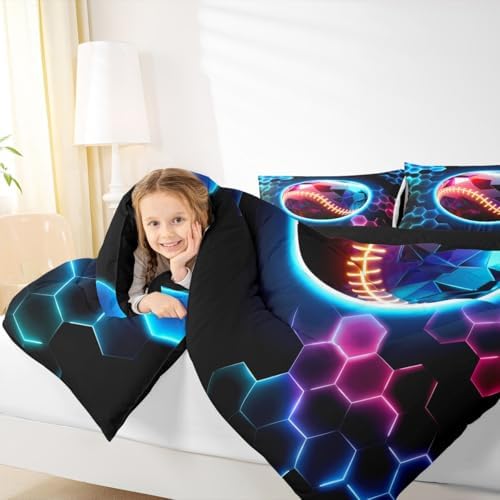 Erosebridal Baseball Bedding Sets King - 3D Glitter Ball Pattern Comforter Set for Kids Adults Colorful Neon Honeycomb Duvet Insert Geometric Hexagon Quilt