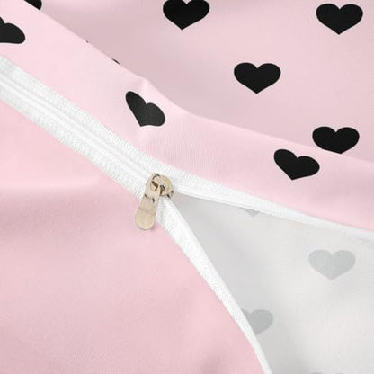 Pink Duvet Cover Queen Size Love Heart Bedding Set for Kids Girls Women, Pink and Black Love Pattern Comforter Cover Soft Breathable All Season Cute Kawaii Girly Bed Set Room Bedroom Decor