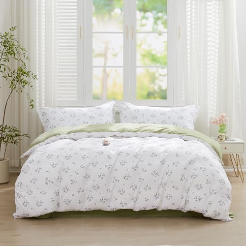 SAPHREAS King Duvet Cover White Cute Floral Bedding Set with 8 Corner Ties and 2 Pillow Shams Microfiber Reversible Duvet Cover Set with Zipper Closure?Green