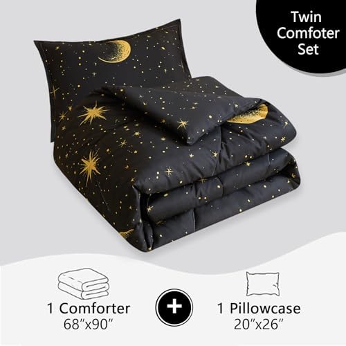 Caressma Black Comforter Set Moon Star Twin Size 2pcs with Pillowcase