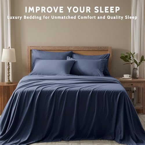Full Size Bed Sheets - 6 Piece Soft Microfiber and Wrinkle Free Sheets - Easy Care, Extra Soft, Cooling Sheets - 1 Deep Pocket Fitted Sheet 1 Flat Sheet and 4 Pillowcases (Full Navy Blue)
