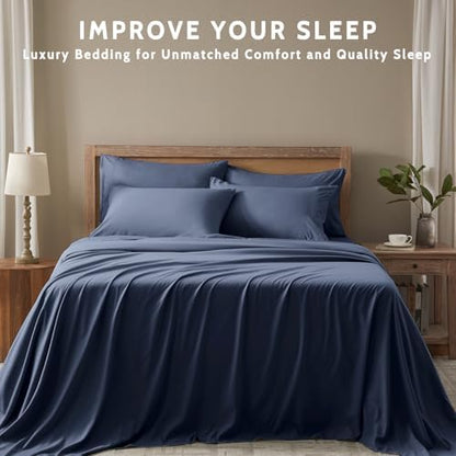 Full Size Bed Sheets - 6 Piece Soft Microfiber and Wrinkle Free Sheets - Easy Care, Extra Soft, Cooling Sheets - 1 Deep Pocket Fitted Sheet 1 Flat Sheet and 4 Pillowcases (Full Navy Blue)