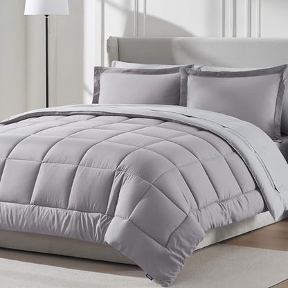 Nestl 9 Piece King Comforter Set – Grey Lavender Reversible Bed in a Bag – Complete King Size Bedding Set with Sheets, Set of 2 Down Alternative Pillows, Pillowcases and Shams