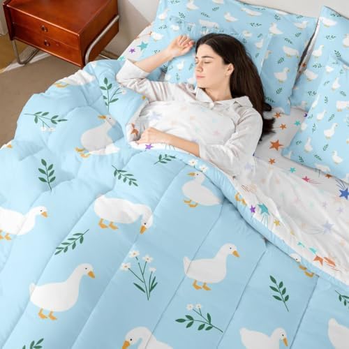 Erosebridal Cute Silly Goose Twin Size Bedding Set Boys Cartoon Ducks 7 Pieces Comforter Set with Sheets for Kids Teens Funny Animals Bed in a Bag Light Blue Farmhouse Floral Bed Sets