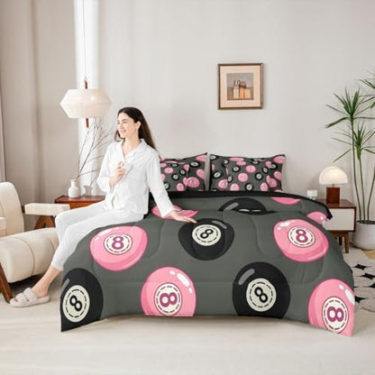 Erosebridal Girly Fashion Y2K King Comforter Set 7 Piece Pink Black Lucky 8 Ball Bedding Set for Kids Boys Girls,Trendy Aesthetic Preppy Bed in A Bag Funky Y2K Style Bed Set Coquette Room Decor