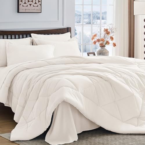 HEVUMYI 7-Piece Queen Comforter Set, Ivory Bed in a Bag